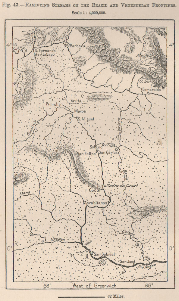 Ramifying streams on the Brazil and Venezuelan frontiers 1885 old antique map